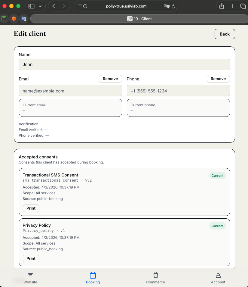 Example of consent audit tracking in the USLY admin interface