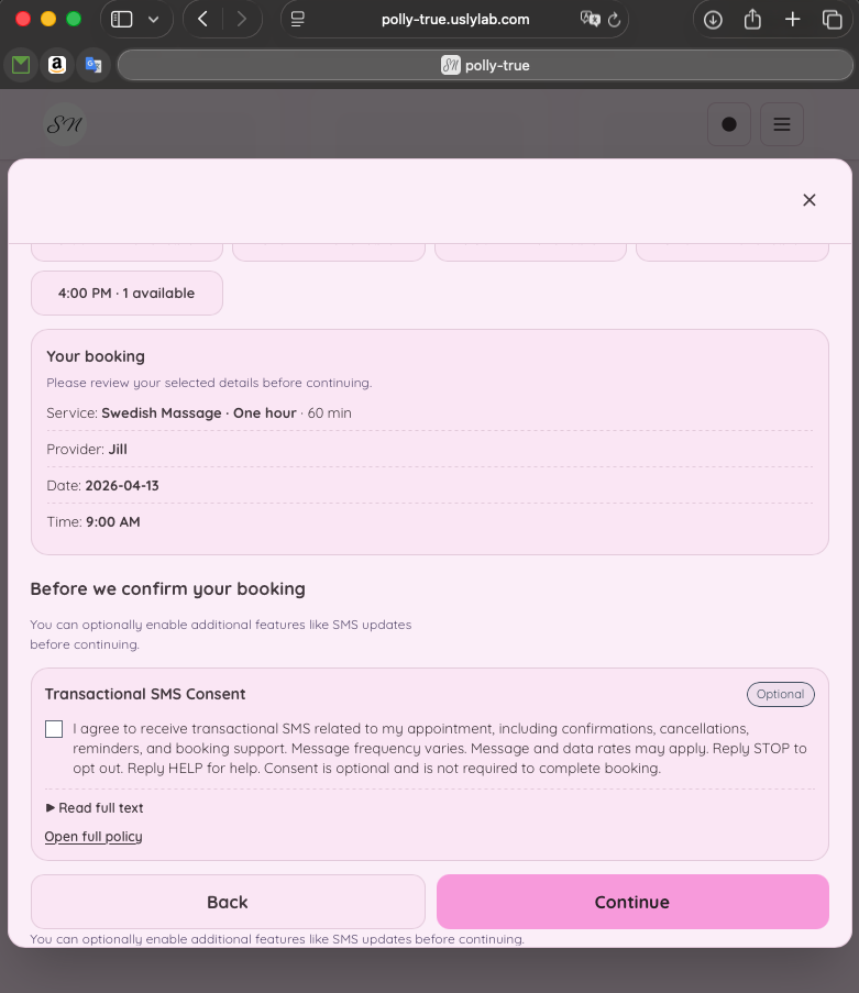 Example of SMS consent in a USLY-powered booking widget